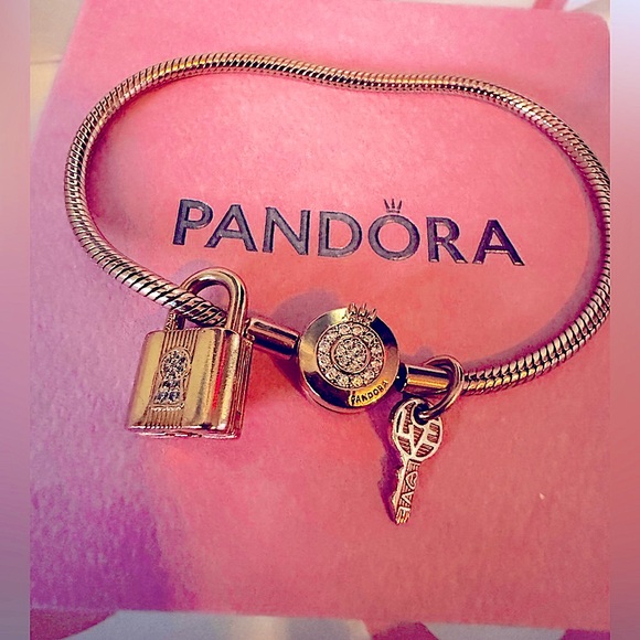 Pandora Rose Gold Charm Bracelet with PadLock and Key 8” in